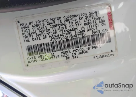 1997 Lexus Es 300 из США, поврежденный, VIN JT8BF22G1V5007593